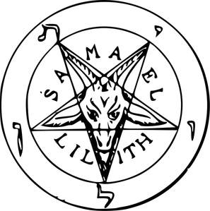 Image is a round sigil with the head of a goat shaped into an upside down pentagram, the words Samael and Lillith appear on the bottom and top of the goat head respectively.