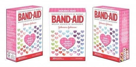 A triplicate image of a pink box of bandaid brand bandaids decorated with pastel hearts, each image of the box showing a different angle.