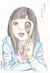 Image is a drawing of a young Japanese school girl playfully grinning and poking her tongue out, while tugging on the skin under her eye to reveal more eyeballs falling out