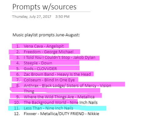 Image is a screen cap of my musical prompt play list featuring twelve songs highlighted in pink and blue